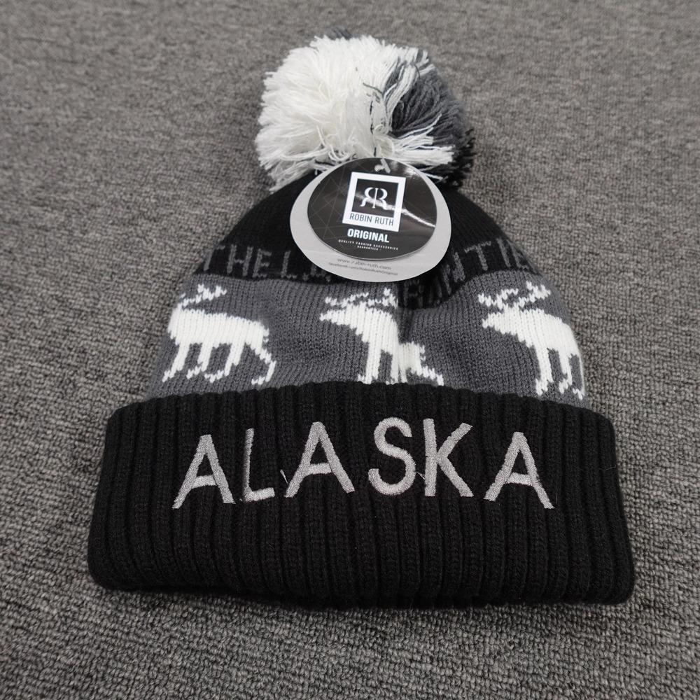 Robin Ruth Hat Beanie Fitted Mens One Size Black Alaska Moose Knit Pom Winter